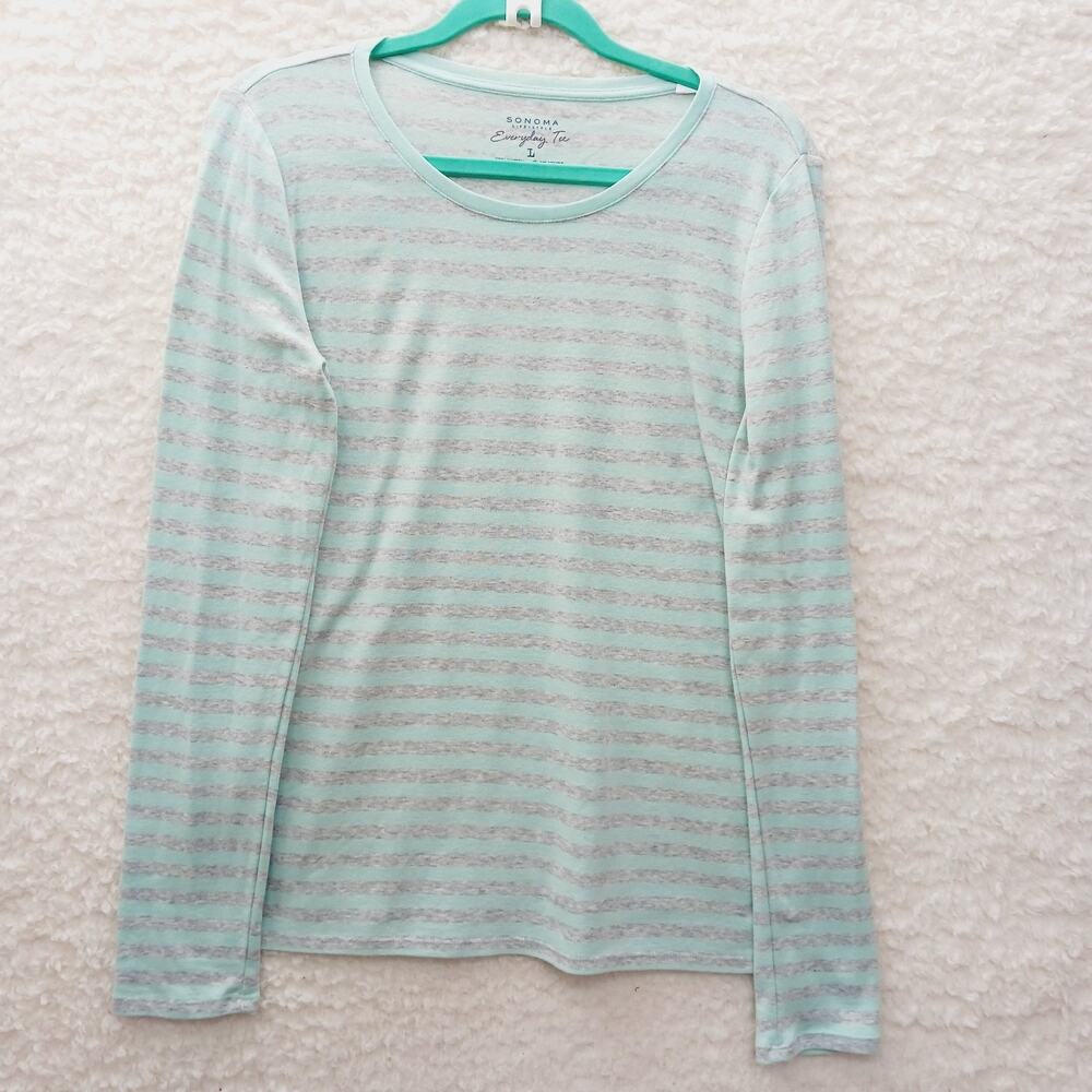 T-Shirt Women Striped Aqua Gray Minimalist Casual Layering Comfort Travel Size L